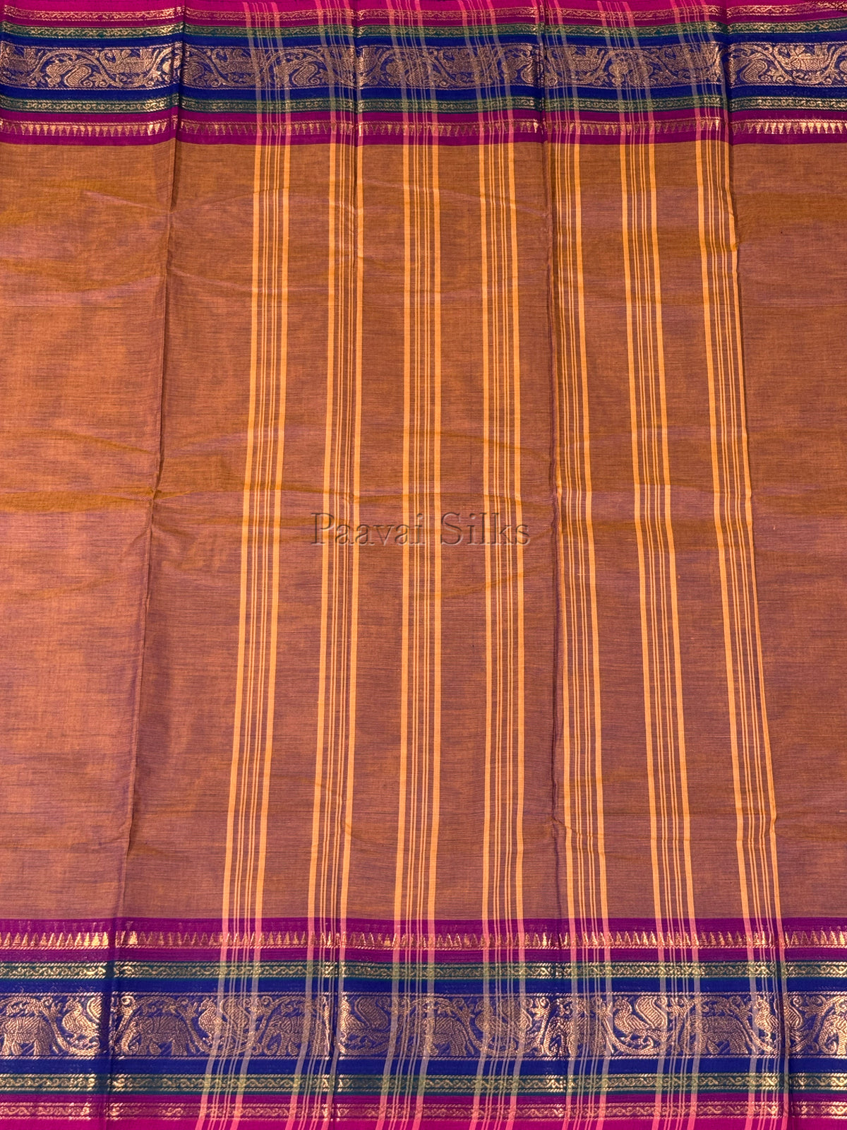 Antique Mustard Saree with Royal Blue & Magenta Peacock Zari Border