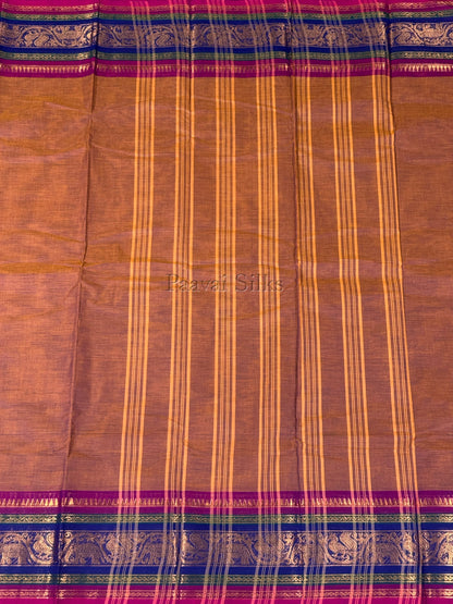 Antique Mustard Saree with Royal Blue & Magenta Peacock Zari Border