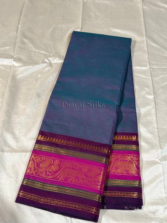 Dual Shade magenta blue Saree with Magenta Peacock Zari Border