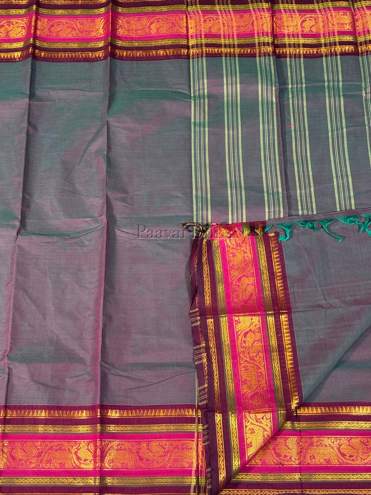 Dual Shade magenta blue Saree with Magenta Peacock Zari Border