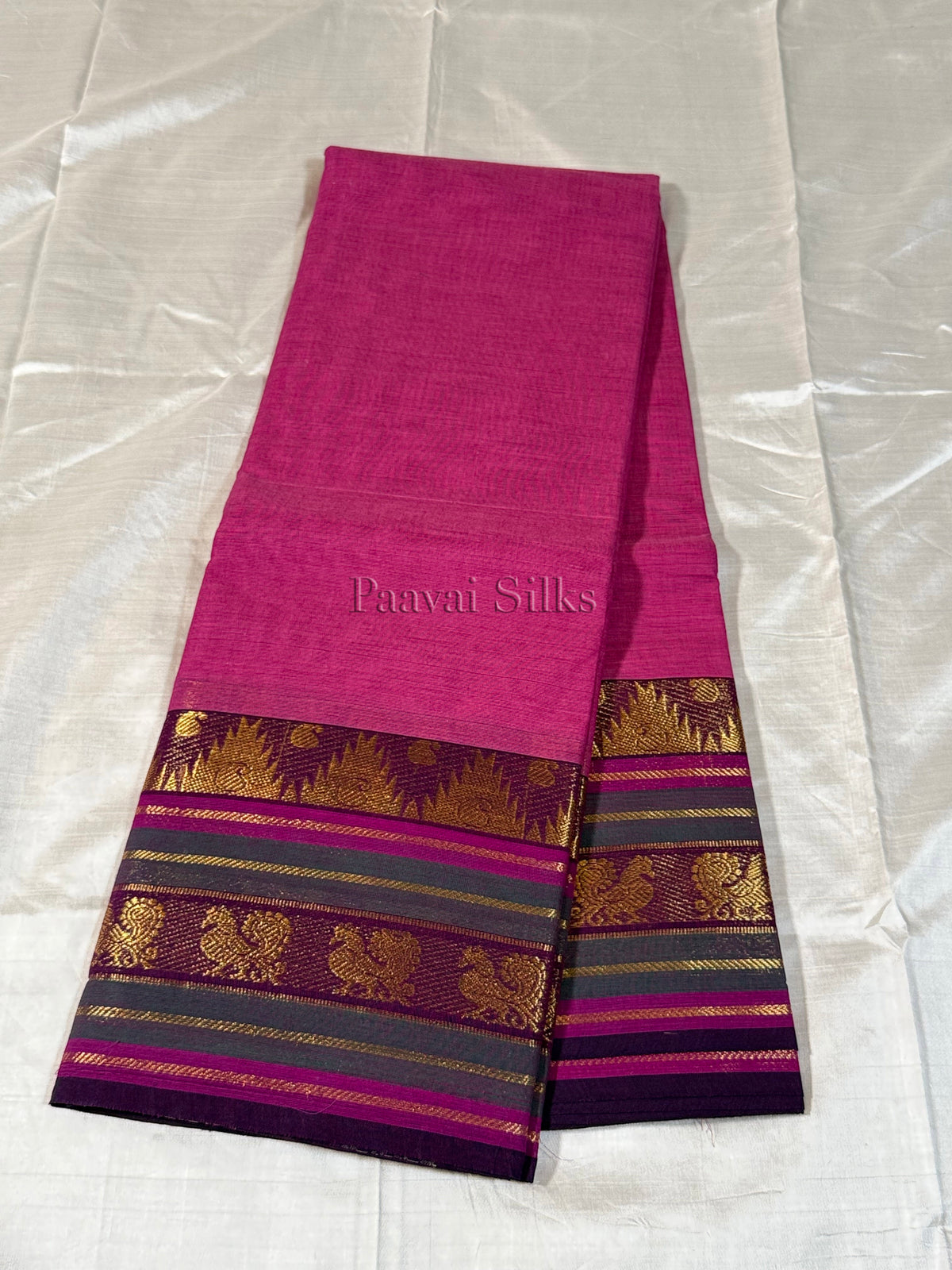 Rich Pink Saree with Deep Purple Peacock Zari Border
