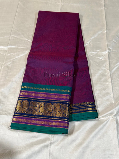 Purple Saree with Peacock Green & Navy Blue Zari Border