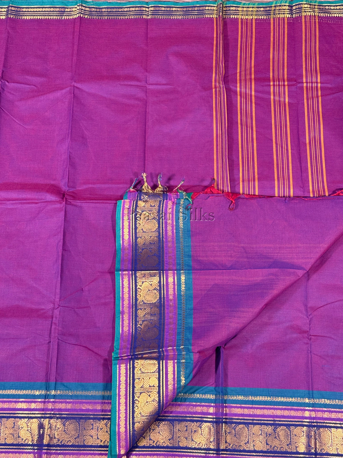 Purple Saree with Peacock Green & Navy Blue Zari Border