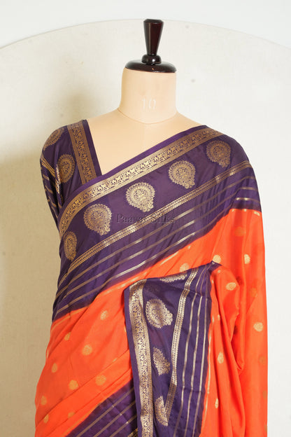 Orange Semi Mysore Silk Saree with Purple Contrast Zari Border