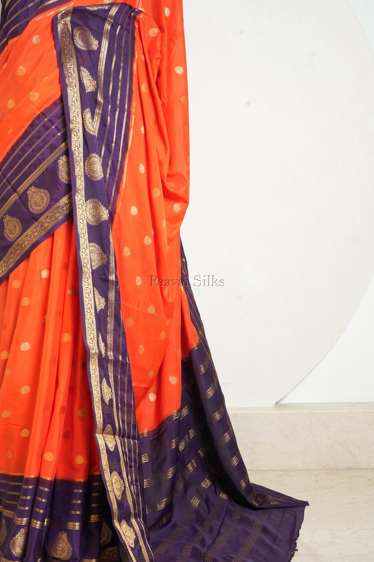 Orange Semi Mysore Silk Saree with Purple Contrast Zari Border
