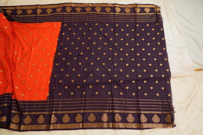 Orange Semi Mysore Silk Saree with Purple Contrast Zari Border