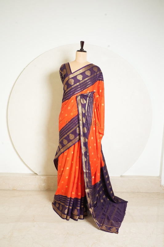 Orange Semi Mysore Silk Saree with Purple Contrast Zari Border