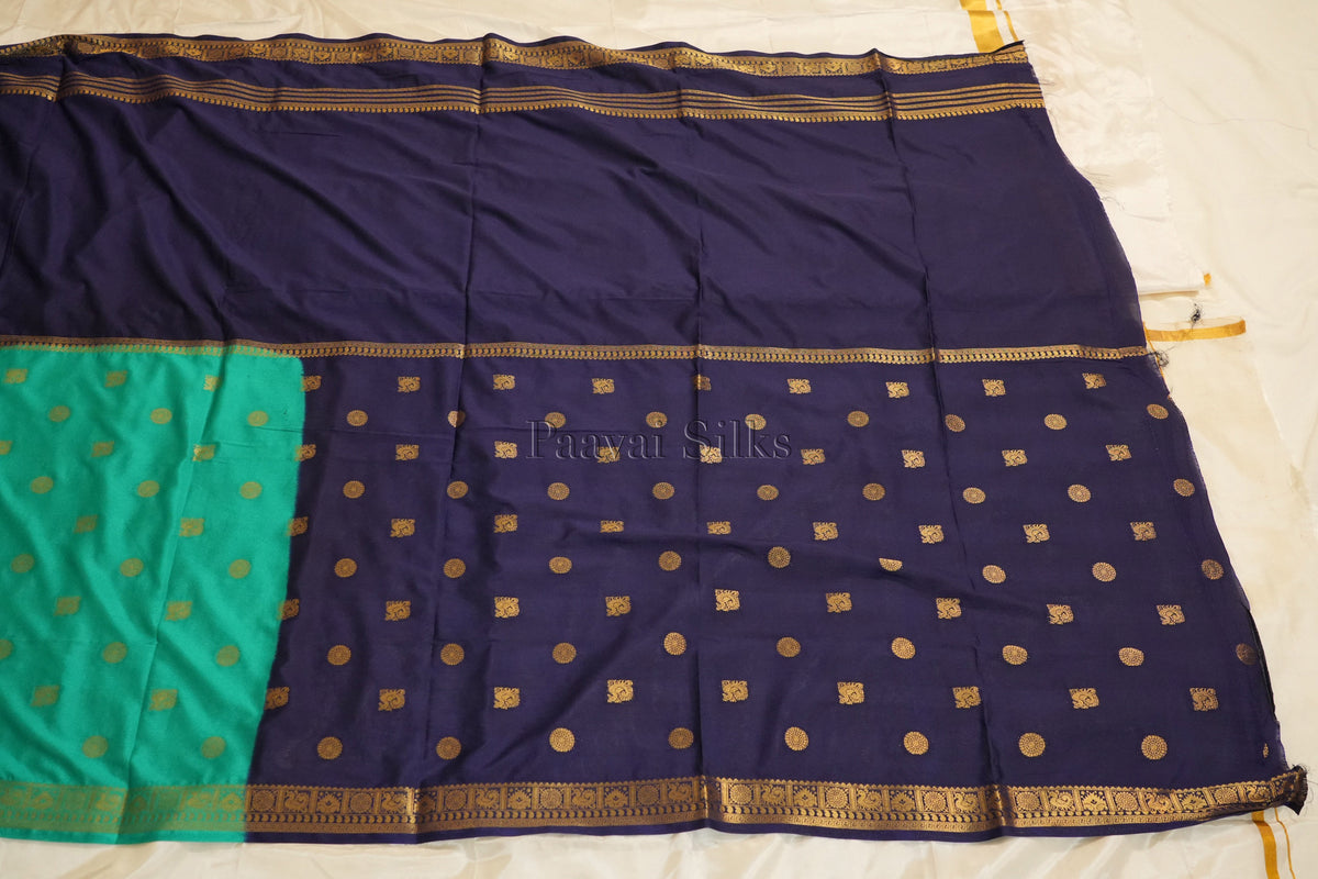 Peacock Green & Navy Blue Half and Half Saree with Rettapet Border