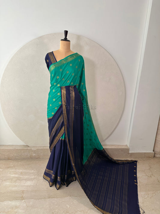 Peacock Green & Navy Blue Half and Half Saree with Rettapet Border