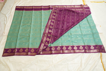 Aqua Blue Semi Mysore Silk Saree with Purple Contrast Border
