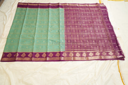 Aqua Blue Semi Mysore Silk Saree with Purple Contrast Border