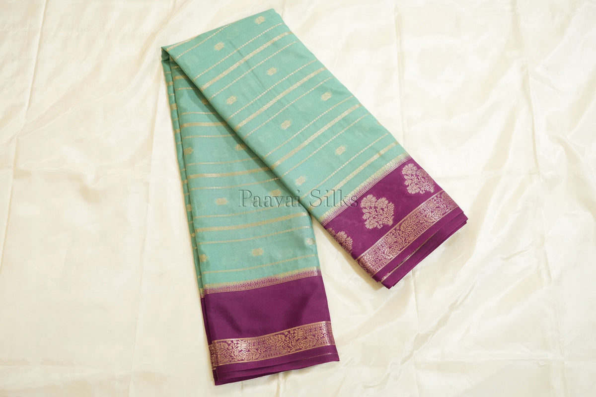 Aqua Blue Semi Mysore Silk Saree with Purple Contrast Border
