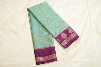 Aqua Blue Semi Mysore Silk Saree with Purple Contrast Border