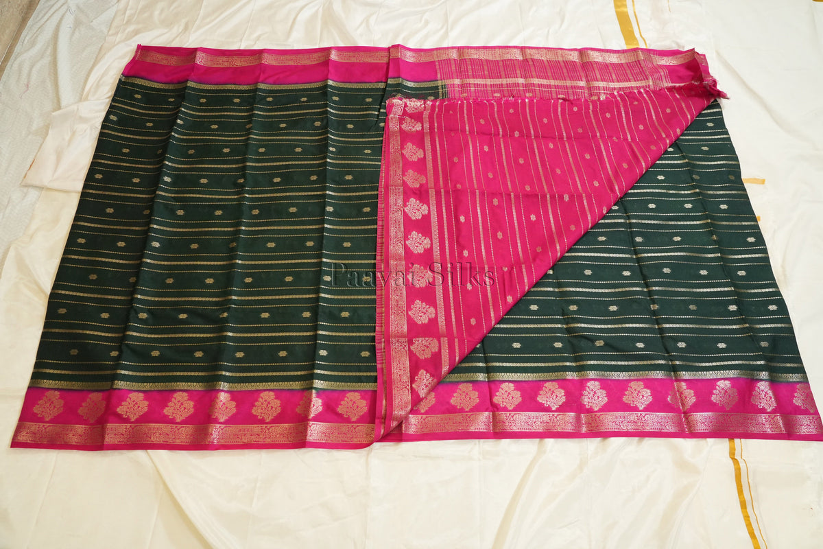 Bottle Green Semi Mysore Silk Saree with Pink Contrast Border