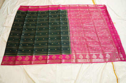 Bottle Green Semi Mysore Silk Saree with Pink Contrast Border