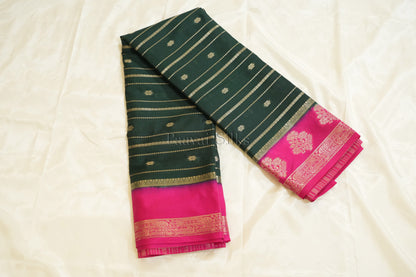 Bottle Green Semi Mysore Silk Saree with Pink Contrast Border