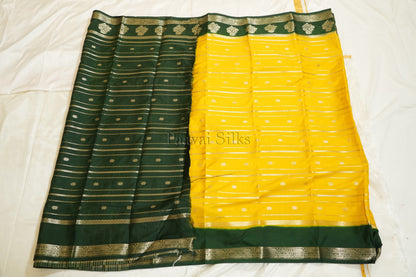 Sunshine Yellow Semi Mysore Silk Saree with Bottle Green Contrast Border