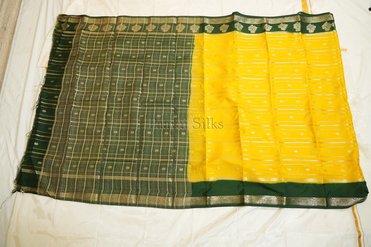 Sunshine Yellow Semi Mysore Silk Saree with Bottle Green Contrast Border