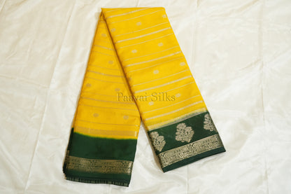 Sunshine Yellow Semi Mysore Silk Saree with Bottle Green Contrast Border
