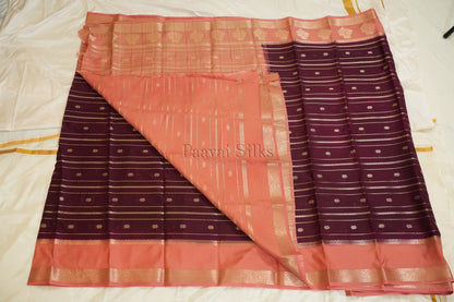 Maroon Semi Mysore Silk Saree with Peach Pink Contrast Border