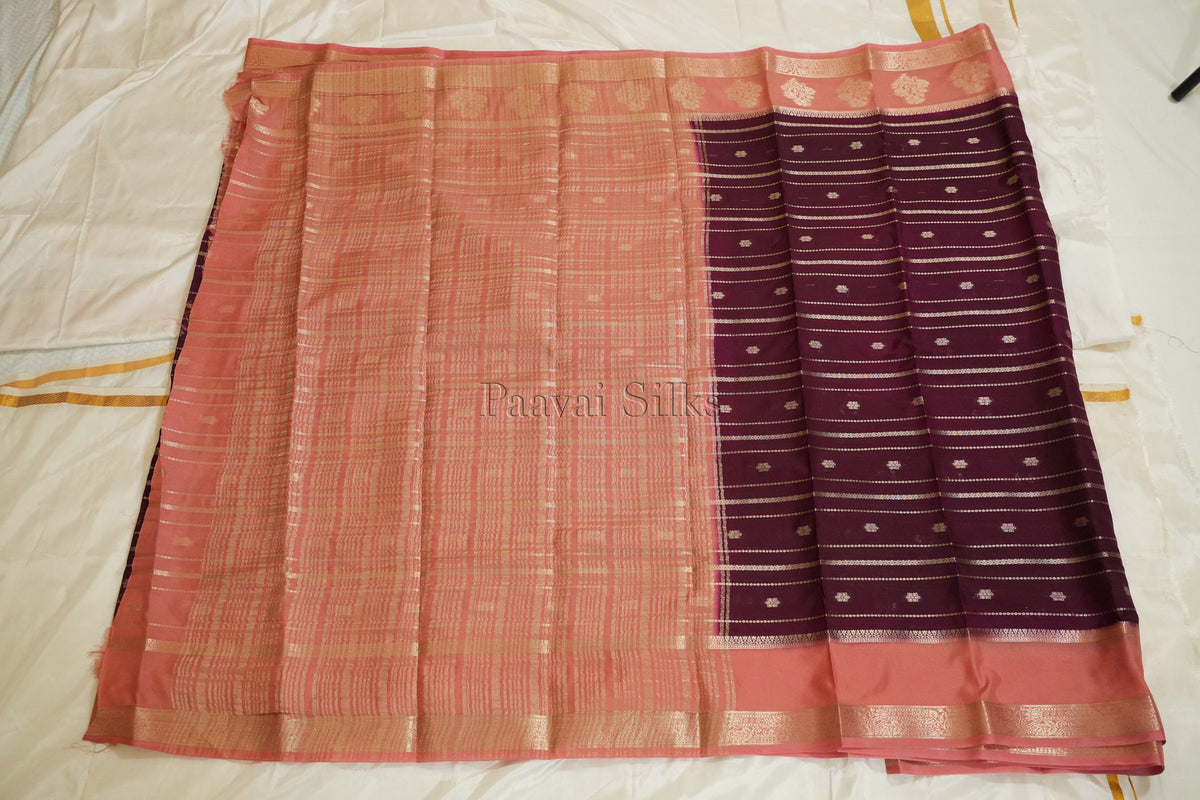 Maroon Semi Mysore Silk Saree with Peach Pink Contrast Border