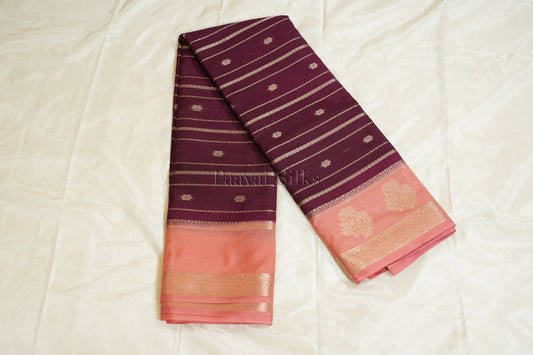 Maroon Semi Mysore Silk Saree with Peach Pink Contrast Border