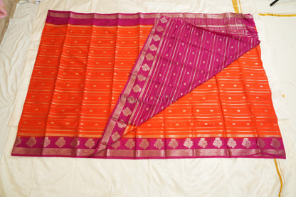 Orange Semi Mysore Silk Saree with Magenta Contrast Border