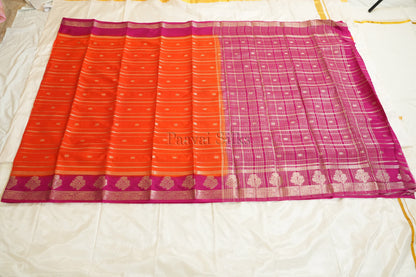 Orange Semi Mysore Silk Saree with Magenta Contrast Border