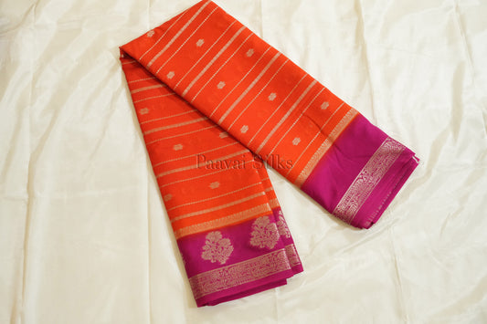 Orange Semi Mysore Silk Saree with Magenta Contrast Border