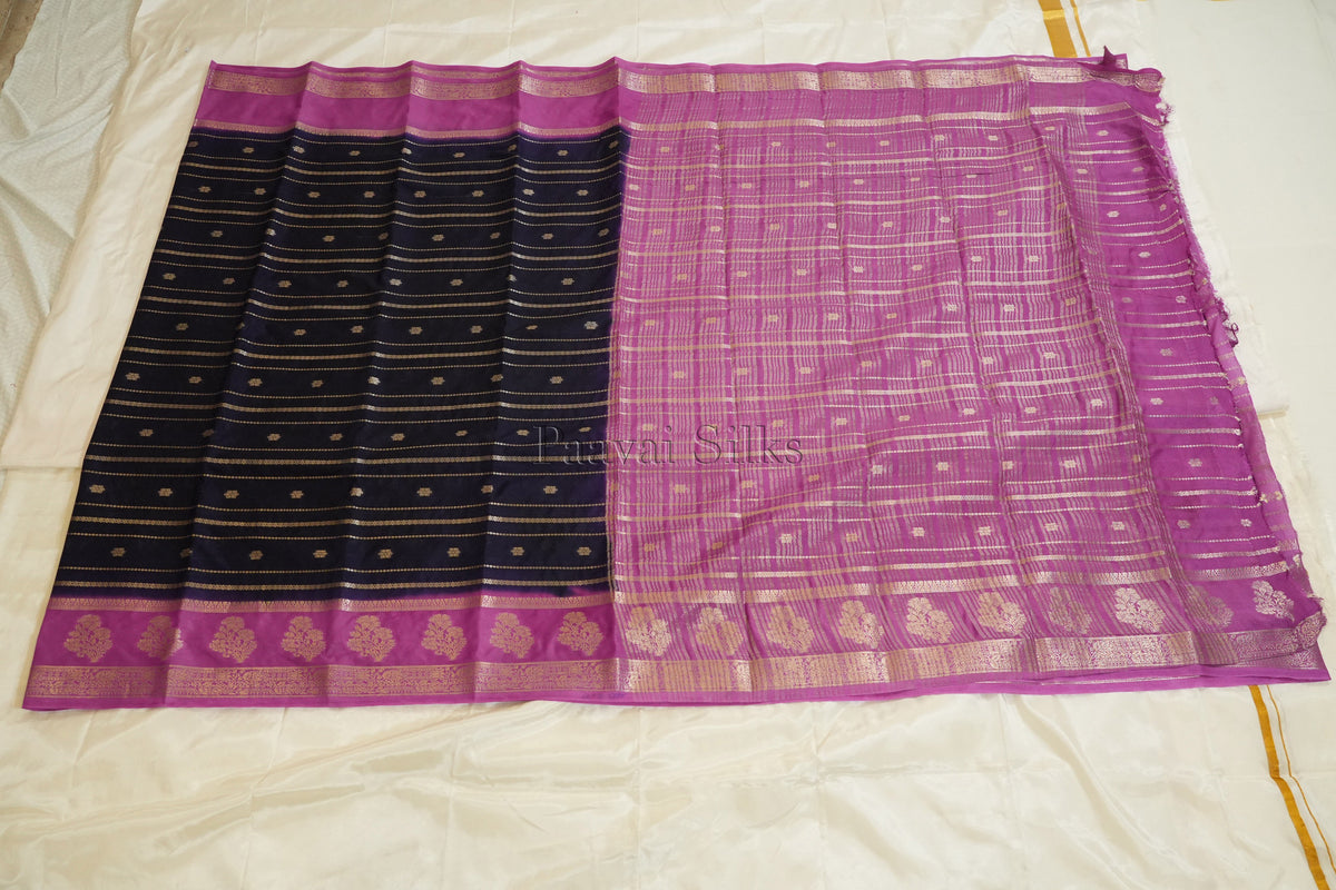 Navy Blue Semi Mysore Silk Saree with Pink Contrast Border