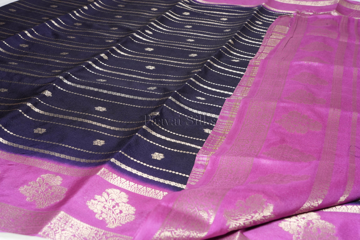 Navy Blue Semi Mysore Silk Saree with Pink Contrast Border