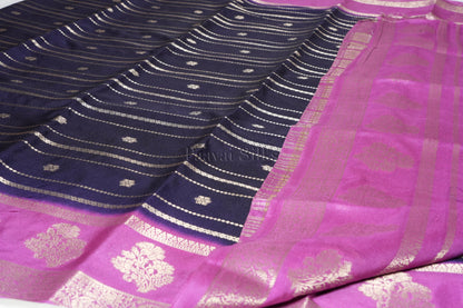 Navy Blue Semi Mysore Silk Saree with Pink Contrast Border