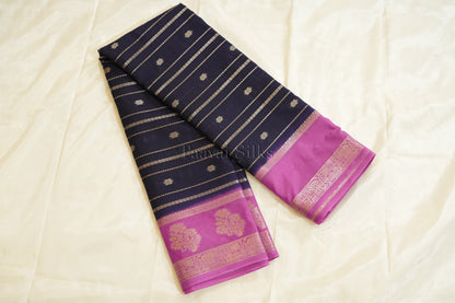 Navy Blue Semi Mysore Silk Saree with Pink Contrast Border