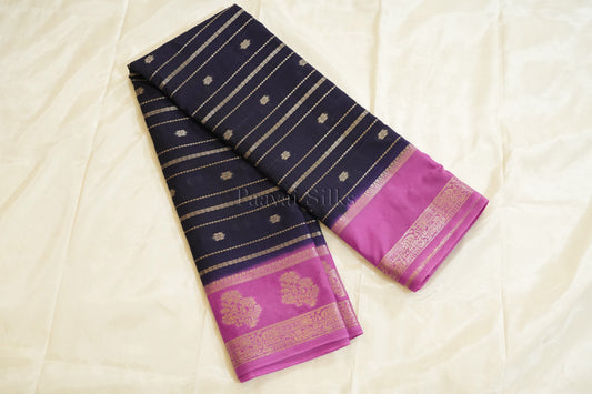 Navy Blue Semi Mysore Silk Saree with Pink Contrast Border