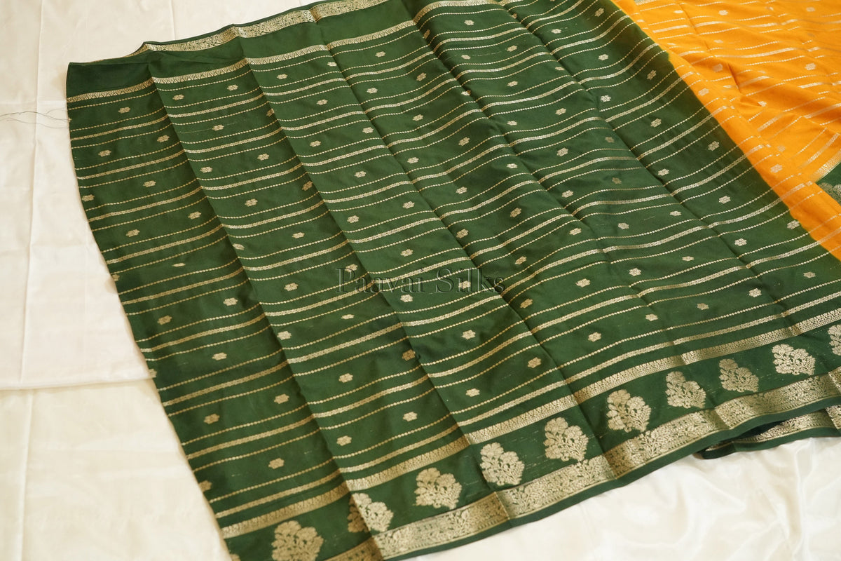 Mango Yellow Semi Mysore Silk Saree with Bottle Green Contrast Border