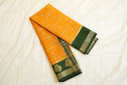 Mango Yellow Semi Mysore Silk Saree with Bottle Green Contrast Border