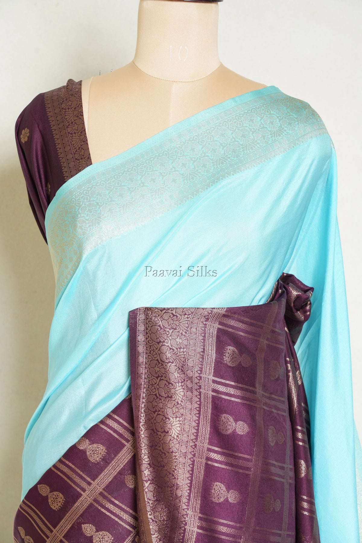 Ice Blue & Plum Purple Half and Half Saree with Gold Zari Checks