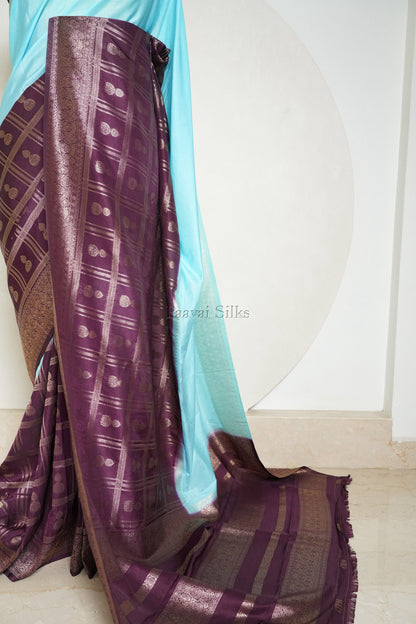 Ice Blue & Plum Purple Half and Half Saree with Gold Zari Checks