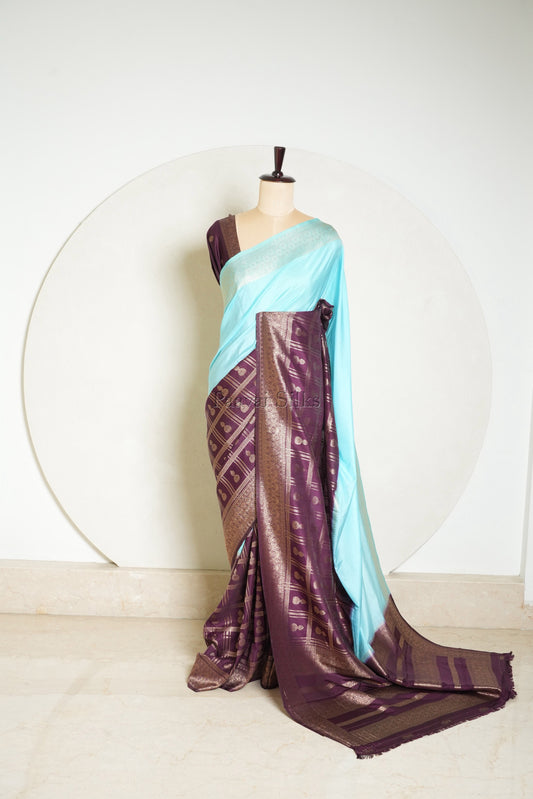 Ice Blue & Plum Purple Half and Half Saree with Gold Zari Checks