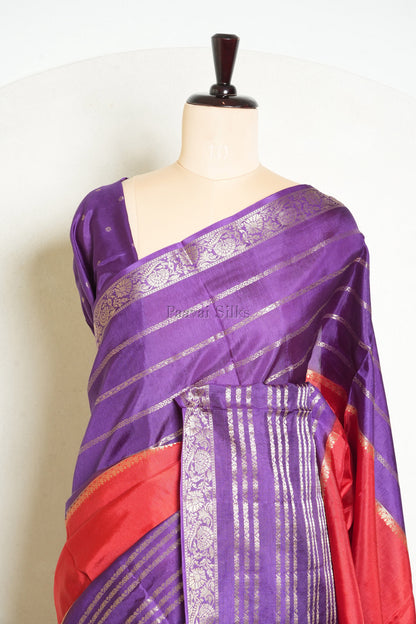 Coral Red Saree with Purple Contrast border