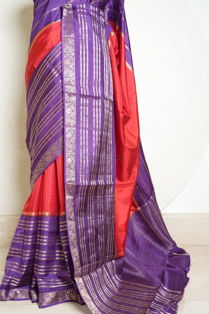 Coral Red Saree with Purple Contrast border