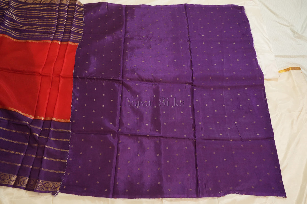 Coral Red Saree with Purple Contrast border