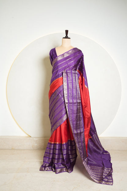 Coral Red Saree with Purple Contrast border