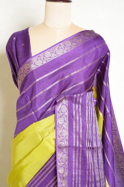 Premium Lime Green Saree with Purple Contrast Border