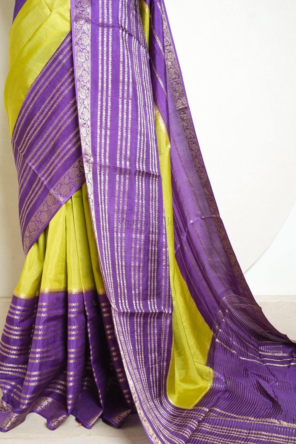 Premium Lime Green Saree with Purple Contrast Border