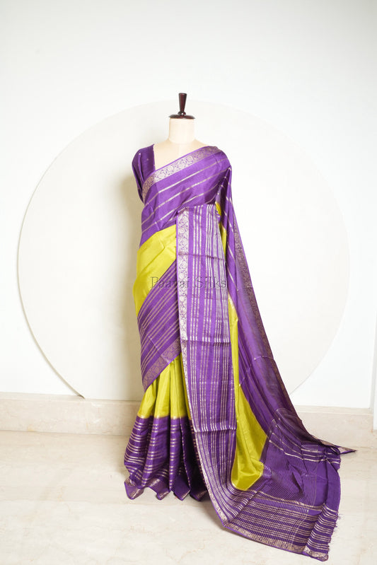 Premium Lime Green Saree with Purple Contrast Border