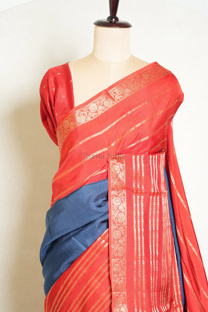 Navy Blue Saree with Dark Orange Contrast border