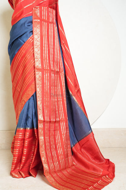 Navy Blue Saree with Dark Orange Contrast border