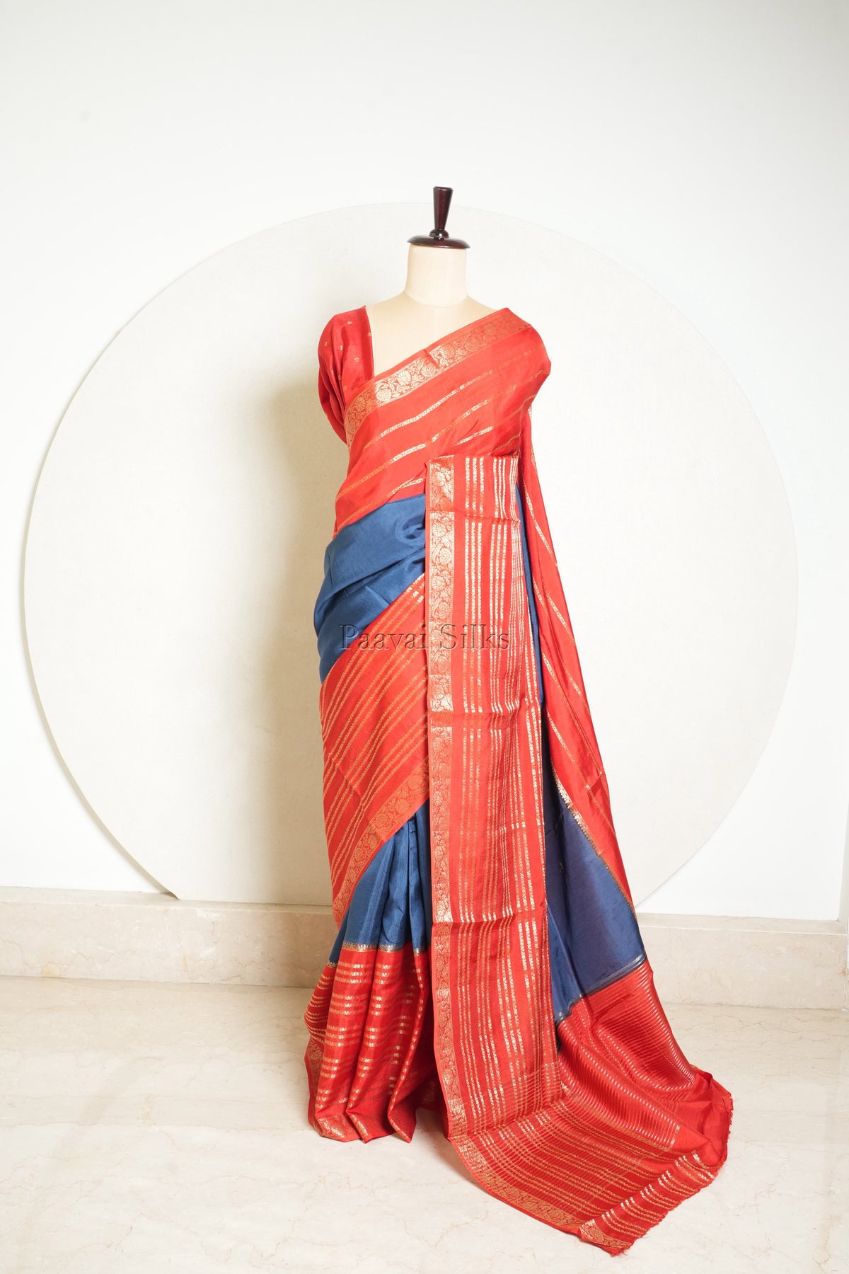 Navy Blue Saree with Dark Orange Contrast border