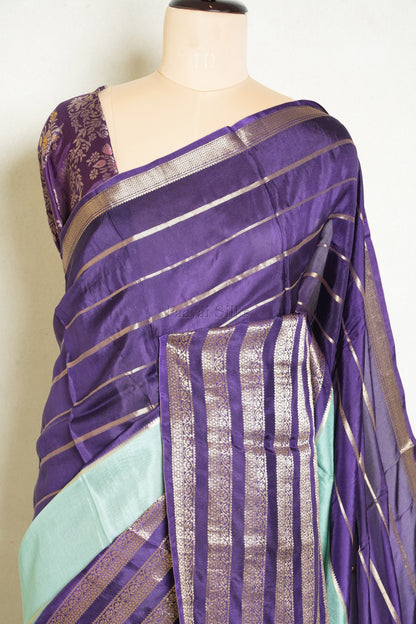 Light Blue Saree with Violet Contrast border and brocade blouse